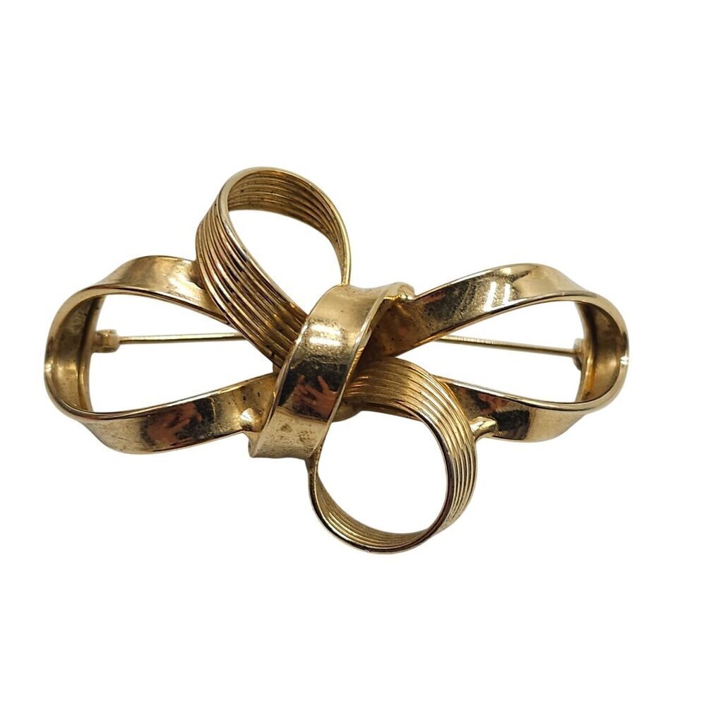 Vintage Gold Tone Brooch Pin Textured Ribbon Large Design
